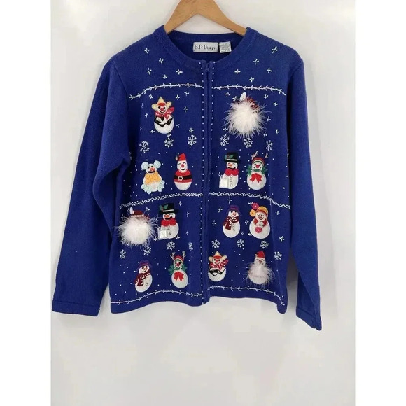 B. P. Design Christmas Holiday Sweater Blue Snowmen Feathers Full Zip Size LARGE - Picture 6 of 14